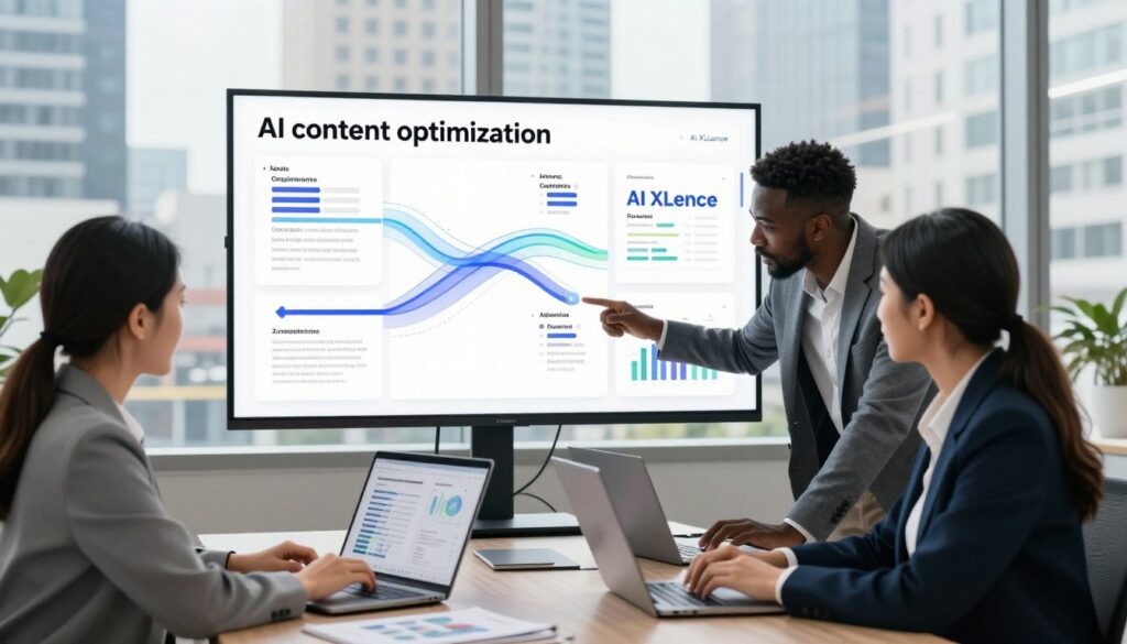 A modern office setting that reflects a professional atmosphere for "AI content optimization." In the foreground, a diverse group of three marketers—one Asian female, one Black male, and one Hispanic female—analyzing charts and data visuals on sleek laptops, wearing professional business attire. In the middle ground, a large digital screen displays flowing algorithms and optimized content strategies, with the brand name "AI XLence" prominently featured. The background features large windows with a view of a bustling cityscape, providing natural light that enhances focus and innovation. The scene captures a collaborative and dynamic environment, infused with a sense of clarity and professionalism, emphasizing the concept of improving articles without hype.