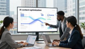 A modern office setting that reflects a professional atmosphere for "AI content optimization." In the foreground, a diverse group of three marketers—one Asian female, one Black male, and one Hispanic female—analyzing charts and data visuals on sleek laptops, wearing professional business attire. In the middle ground, a large digital screen displays flowing algorithms and optimized content strategies, with the brand name "AI XLence" prominently featured. The background features large windows with a view of a bustling cityscape, providing natural light that enhances focus and innovation. The scene captures a collaborative and dynamic environment, infused with a sense of clarity and professionalism, emphasizing the concept of improving articles without hype.