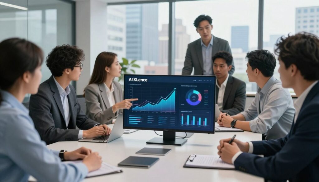 A modern office setting that symbolizes an AI digital strategy, featuring a sleek conference table surrounded by diverse professionals in business attire, depicting collaboration and brainstorming ideas. In the foreground, a digital screen displays charts and graphs illustrating AI marketing trends and insights. The middle ground showcases team members engaged in animated discussions, with one person pointing at the screen. The background reveals large windows with a city skyline, emphasizing a vibrant and dynamic atmosphere. Soft, natural lighting filters through, creating a productive and inspiring mood. The brand name “AI XLence” subtly integrated into the digital screen’s design, enhancing the visual without text overlays. A modern office setting that symbolizes an AI digital strategy, featuring a sleek conference table surrounded by diverse professionals in business attire, depicting collaboration and brainstorming ideas. In the foreground, a digital screen displays charts and graphs illustrating AI marketing trends and insights. The middle ground showcases team members engaged in animated discussions, with one person pointing at the screen. The background reveals large windows with a city skyline, emphasizing a vibrant and dynamic atmosphere. Soft, natural lighting filters through, creating a productive and inspiring mood. The brand name “AI XLence” subtly integrated into the digital screen’s design, enhancing the visual without text overlays.