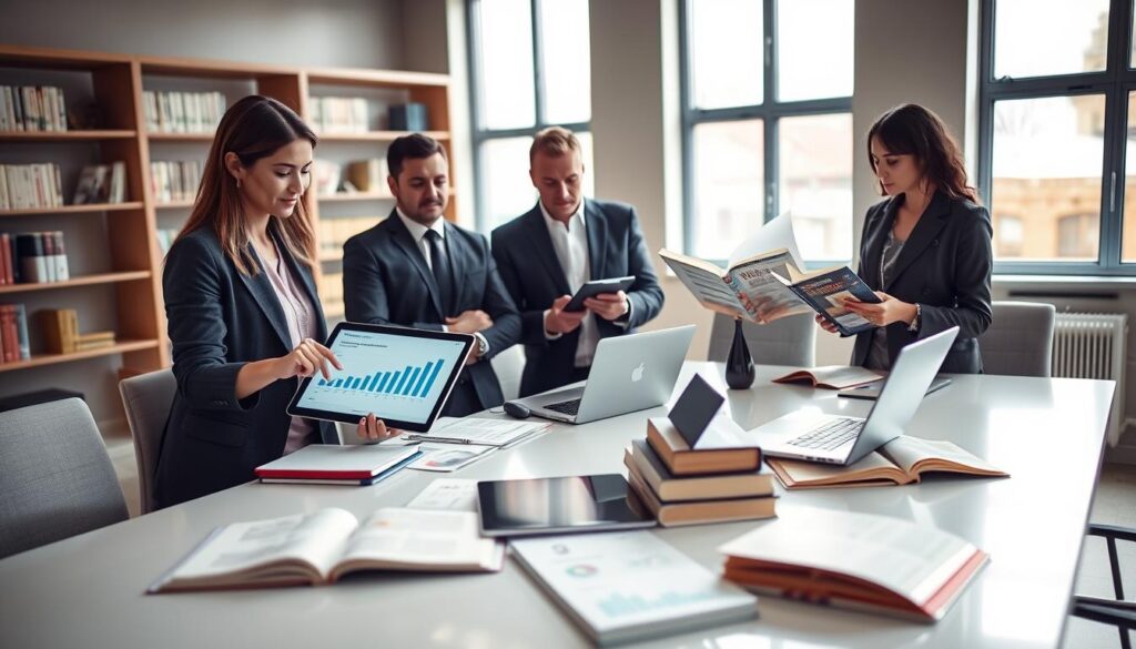 A modern office setting with a diverse group of three professionals engaged in discussion around a sleek conference table strewn with laptops, tablets, and open books. In the foreground, a woman in a tailored blazer points at a digital chart displayed on a tablet, illustrating data analytics related to AI. In the middle ground, a man in business attire nods thoughtfully while taking notes, and a woman in casual professional wear looks over a reference book on AI trends, emphasizing continuous learning. The background features large windows letting in soft, natural light, and shelves filled with credible business resources. The atmosphere is focused and collaborative, highlighting the importance of staying informed. Shot with a shallow depth of field to create a professional feel and soft focus on the setting. Stay focused, Ray Baker.