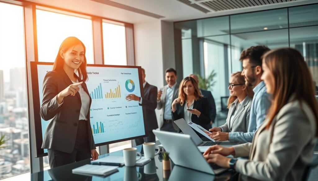 A modern office setting with a sleek, high-tech atmosphere, showcasing a diverse group of professionals in business attire collaborating around a large digital touchscreen display. In the foreground, a confident woman points to dynamic graphs and AI analytics, highlighting productivity gains and cost reductions. The middle ground features engaged team members analyzing data on laptops and tablets, with notes and coffee cups scattered around. In the background, large windows reveal a bustling cityscape, symbolizing growth and opportunity. Soft, ambient lighting creates an optimistic and inspiring mood, while a slight tilt-shift effect accentuates the focus on the teamwork and technology. Stay focused, Ray Baker.