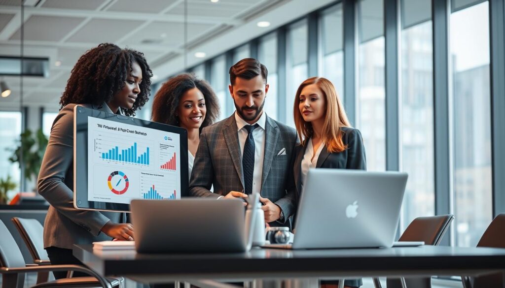 A modern office setting with a sleek, high-tech atmosphere. In the foreground, a diverse group of three professionals (a Black woman, an Asian man, and a Caucasian woman) in smart business attire are gathered around a digital screen, analyzing graphs and data charts illustrating AI CRM benefits. Their expressions convey focus and collaboration. The middle ground features a stylish conference table with laptops and notepads, while the background showcases large windows allowing natural light to pour in, creating a bright and inviting ambiance. The lighting is soft yet bright, emphasizing productivity and innovation. The overall mood is professional and insightful, reflecting a dynamic discussion on leveraging technology for business improvement. Stay focused, Ray Baker. A modern office setting with a sleek, high-tech atmosphere. In the foreground, a diverse group of three professionals (a Black woman, an Asian man, and a Caucasian woman) in smart business attire are gathered around a digital screen, analyzing graphs and data charts illustrating AI CRM benefits. Their expressions convey focus and collaboration. The middle ground features a stylish conference table with laptops and notepads, while the background showcases large windows allowing natural light to pour in, creating a bright and inviting ambiance. The lighting is soft yet bright, emphasizing productivity and innovation. The overall mood is professional and insightful, reflecting a dynamic discussion on leveraging technology for business improvement. Stay focused, Ray Baker.