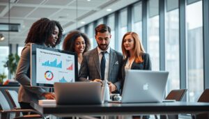 A modern office setting with a sleek, high-tech atmosphere. In the foreground, a diverse group of three professionals (a Black woman, an Asian man, and a Caucasian woman) in smart business attire are gathered around a digital screen, analyzing graphs and data charts illustrating AI CRM benefits. Their expressions convey focus and collaboration. The middle ground features a stylish conference table with laptops and notepads, while the background showcases large windows allowing natural light to pour in, creating a bright and inviting ambiance. The lighting is soft yet bright, emphasizing productivity and innovation. The overall mood is professional and insightful, reflecting a dynamic discussion on leveraging technology for business improvement. Stay focused, Ray Baker.