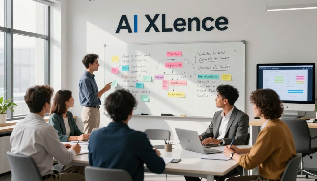 A modern office setting with a sleek, minimalist design, showcasing the brand "AI XLence" subtly positioned in the background. In the foreground, a diverse group of professionals engaged in a brainstorming session, dressed in smart casual and professional attire, highlighting collaboration and creativity in action. The middle ground features a stylish whiteboard filled with colorful, handwritten notes about AI copywriting strategies, emphasizing clarity and conversion. Bright, natural lighting filters through large windows, casting soft shadows and creating an inviting atmosphere. In the background, a digital device displaying analytics and metrics related to landing page performance adds a tech-savvy touch. The overall mood is vibrant and focused, conveying innovation in the marketing landscape.