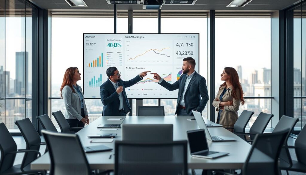 A modern office setting with professionals collaborating around a sleek, high-tech large screen displaying AI-driven analytics and cash flow forecasting graphs. In the foreground, a diverse group of three individuals in business attire are engaged in discussion, pointing at the screen with expressions of focus and excitement. The middle ground features a clean conference table with laptops, digital tablets, and notes scattered about, emphasizing a productive work environment. The background includes large windows with natural light pouring in, showcasing a city skyline. The atmosphere is dynamic and optimistic, symbolizing innovation in small business finance. Use soft, diffused lighting and a slightly elevated angle to capture the collaborative spirit. Stay focused, Ray Baker.
