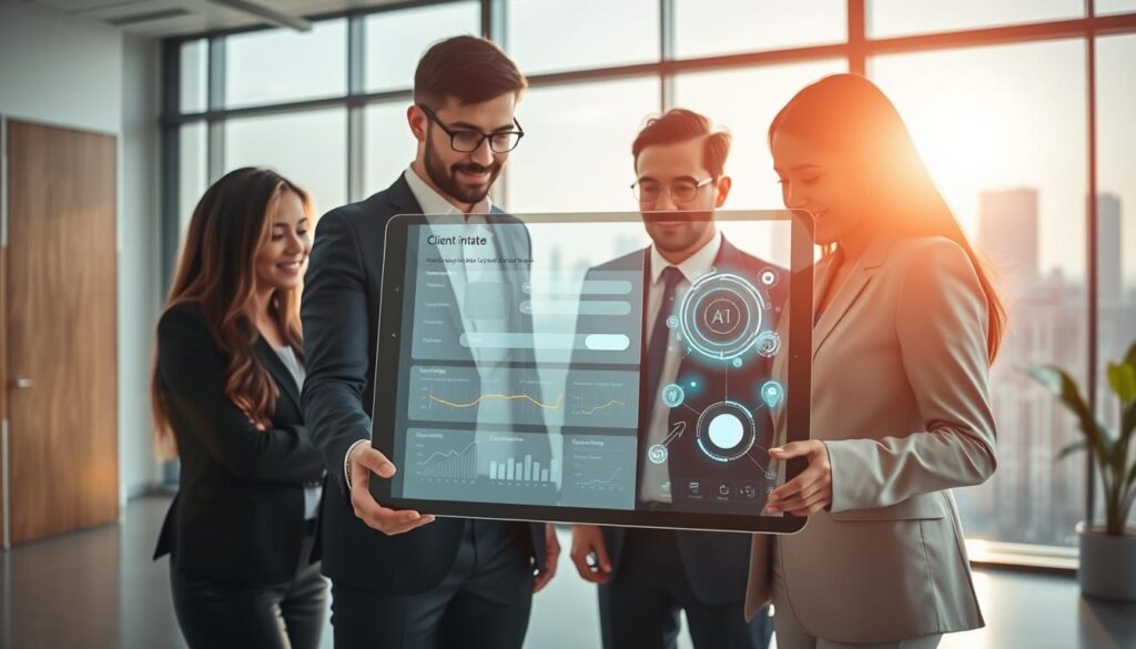 A modern office space featuring a sleek digital interface for automating the client intake process. In the foreground, a diverse group of professionals in smart business attire collaborates around a large touchscreen tablet displaying an interactive client intake form filled with data visualization elements. The middle layer highlights futuristic AI elements, such as glowing data streams and icons representing efficiency and speed, seamlessly integrating into the workflow. In the background, large windows reveal a bright urban skyline, with natural light flooding the room, creating an upbeat, productive atmosphere. The scene captures the essence of innovation, teamwork, and modernization, emphasizing a professional and inspiring environment. Stay focused, Ray Baker. A modern office space featuring a sleek digital interface for automating the client intake process. In the foreground, a diverse group of professionals in smart business attire collaborates around a large touchscreen tablet displaying an interactive client intake form filled with data visualization elements. The middle layer highlights futuristic AI elements, such as glowing data streams and icons representing efficiency and speed, seamlessly integrating into the workflow. In the background, large windows reveal a bright urban skyline, with natural light flooding the room, creating an upbeat, productive atmosphere. The scene captures the essence of innovation, teamwork, and modernization, emphasizing a professional and inspiring environment. Stay focused, Ray Baker.