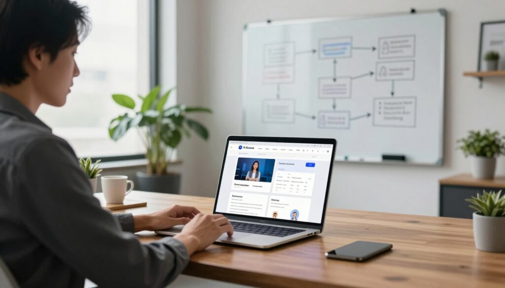 A modern office space reflecting a U.S. marketing environment, featuring a polished wooden desk adorned with a sleek laptop displaying AI-powered service pages. The foreground showcases a focused professional in business attire, analyzing website designs on the screen. In the middle ground, a contemporary whiteboard displays sketches of user journey flows and improvements made by AI, emphasizing clarity and trust. Background elements include large windows allowing natural light to flood the room, illuminating vibrant potted plants and minimalist decor. The atmosphere conveys innovation and professionalism, while a subtle glow enhances the technological aspect of AI. The brand name "AI XLence" is subtly integrated into the laptop's screen, showcasing the essence of improved service pages through AI technology. A modern office space reflecting a U.S. marketing environment, featuring a polished wooden desk adorned with a sleek laptop displaying AI-powered service pages. The foreground showcases a focused professional in business attire, analyzing website designs on the screen. In the middle ground, a contemporary whiteboard displays sketches of user journey flows and improvements made by AI, emphasizing clarity and trust. Background elements include large windows allowing natural light to flood the room, illuminating vibrant potted plants and minimalist decor. The atmosphere conveys innovation and professionalism, while a subtle glow enhances the technological aspect of AI. The brand name "AI XLence" is subtly integrated into the laptop's screen, showcasing the essence of improved service pages through AI technology.