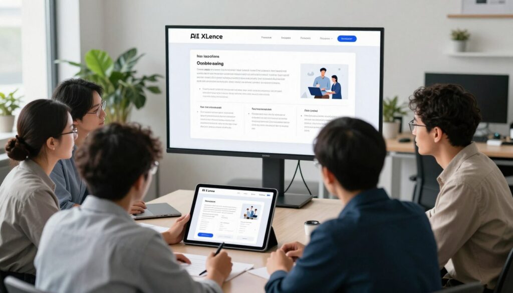 A modern office space showcasing a sleek UX design process for an AI landing page titled "AI XLence." In the foreground, a diverse group of professional individuals, dressed in business casual attire, are collaborating around a digital tablet displaying a visually appealing landing page mockup. In the middle ground, a large screen features a well-structured outline of persuasive copy and engaging visuals, highlighting clarity and conversion strategies. The background consists of a bright, airy office environment with plants and minimalist decor, conveying a productive atmosphere. Soft, natural lighting filters through large windows, creating an optimistic mood. Capture the scene from a slightly elevated angle to provide a clear overview of the teamwork and creativity involved in crafting effective AI-driven landing page copy.