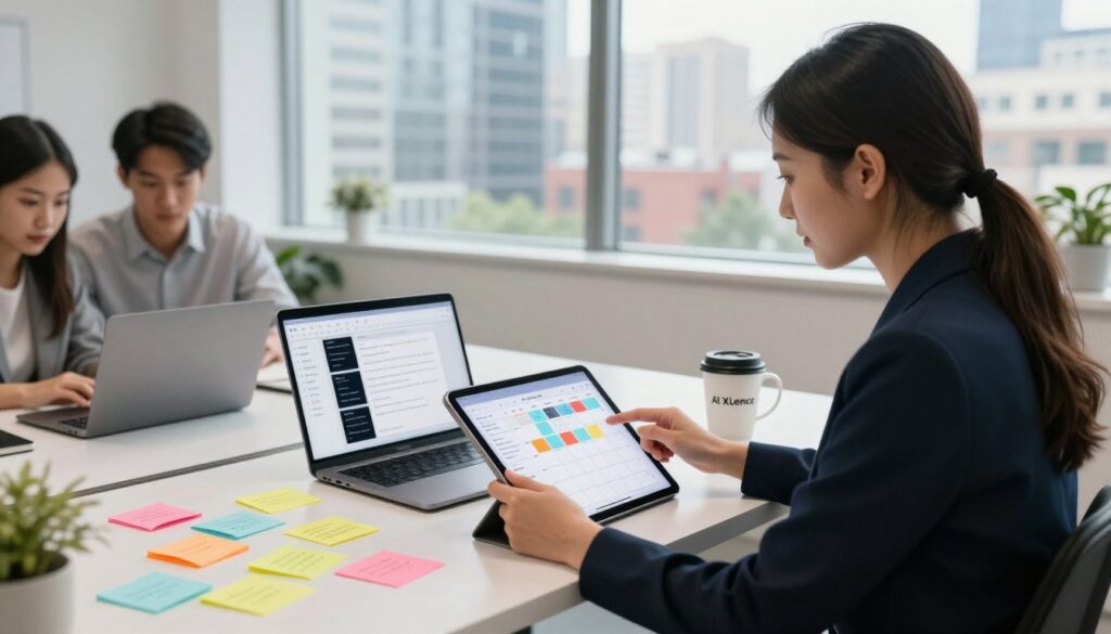 A modern office space showcasing a sophisticated content planning session, focusing on how to use AI for building monthly content themes. In the foreground, a professional woman wearing smart business attire is analyzing a digital tablet displaying an interactive content calendar. In the middle, a sleek desk is littered with colorful sticky notes, a laptop open to an AI content generation software, and a coffee mug with the brand name "AI XLence". In the background, a large window reveals a vibrant cityscape, with soft natural light illuminating the room, creating a productive and dynamic atmosphere. The overall mood is inspiring and forward-thinking, emphasizing collaboration and innovative marketing strategies. A modern office space showcasing a sophisticated content planning session, focusing on how to use AI for building monthly content themes. In the foreground, a professional woman wearing smart business attire is analyzing a digital tablet displaying an interactive content calendar. In the middle, a sleek desk is littered with colorful sticky notes, a laptop open to an AI content generation software, and a coffee mug with the brand name "AI XLence". In the background, a large window reveals a vibrant cityscape, with soft natural light illuminating the room, creating a productive and dynamic atmosphere. The overall mood is inspiring and forward-thinking, emphasizing collaboration and innovative marketing strategies.