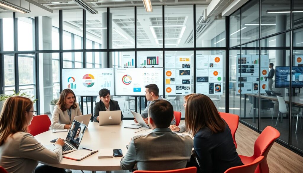 A modern office space showcasing successful knowledge management examples. In the foreground, a diverse group of professionals in business attire is engaging in a collaborative discussion at a round table, with laptops and notebooks open. In the middle ground, screens display charts and diagrams highlighting data organization and effective information sharing. In the background, glass walls reveal a high-tech workspace filled with digital boards and vibrant, interactive displays of knowledge bases. Soft, natural lighting filters through large windows, creating an inviting atmosphere with a sense of innovation and teamwork. The camera angle is slightly above eye level, capturing the dynamic interaction and a feeling of success. Stay focused, Ray Baker. A modern office space showcasing successful knowledge management examples. In the foreground, a diverse group of professionals in business attire is engaging in a collaborative discussion at a round table, with laptops and notebooks open. In the middle ground, screens display charts and diagrams highlighting data organization and effective information sharing. In the background, glass walls reveal a high-tech workspace filled with digital boards and vibrant, interactive displays of knowledge bases. Soft, natural lighting filters through large windows, creating an inviting atmosphere with a sense of innovation and teamwork. The camera angle is slightly above eye level, capturing the dynamic interaction and a feeling of success. Stay focused, Ray Baker.