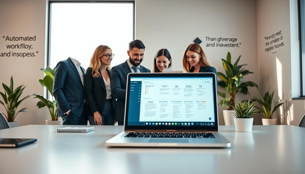 A modern office space with a sleek, clutter-free desk as the foreground, featuring a laptop displaying automated workflow software on the screen. In the middle, a diverse group of three professionals, dressed in smart business attire, collaborate enthusiastically over a digital tablet, illustrating teamwork. The background shows a large window with soft, natural light pouring in, creating a bright and optimistic atmosphere. The walls are adorned with motivational quotes about efficiency and innovation. A few potted plants add a touch of life to the environment, enhancing the mood of productivity and harmony. The angle captures the action from a slightly elevated perspective, emphasizing teamwork and technological integration. Stay focused, Ray Baker. A modern office space with a sleek, clutter-free desk as the foreground, featuring a laptop displaying automated workflow software on the screen. In the middle, a diverse group of three professionals, dressed in smart business attire, collaborate enthusiastically over a digital tablet, illustrating teamwork. The background shows a large window with soft, natural light pouring in, creating a bright and optimistic atmosphere. The walls are adorned with motivational quotes about efficiency and innovation. A few potted plants add a touch of life to the environment, enhancing the mood of productivity and harmony. The angle captures the action from a slightly elevated perspective, emphasizing teamwork and technological integration. Stay focused, Ray Baker.