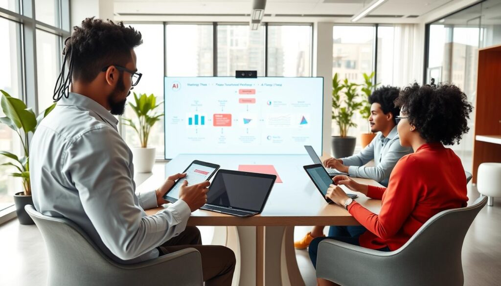 A modern office space with a sleek, minimalist design, showcasing diverse professionals collaborating around a smart conference table. In the foreground, a diverse group of three individuals in professional business attire, engaged in a discussion, with digital tablets and laptops open, displaying graphs and AI data visualizations. In the middle, a large interactive screen shows a flowchart illustrating improved workflows aided by AI tools, symbolizing productivity enhancement. The background highlights large windows letting in bright, natural light, with plants and contemporary furniture. The overall atmosphere is dynamic and focused, conveying innovation and teamwork. Soft lighting accentuates the vibrant colors of the workspace, with a wide-angle lens perspective that emphasizes the collaborative environment. Stay focused, Ray Baker.