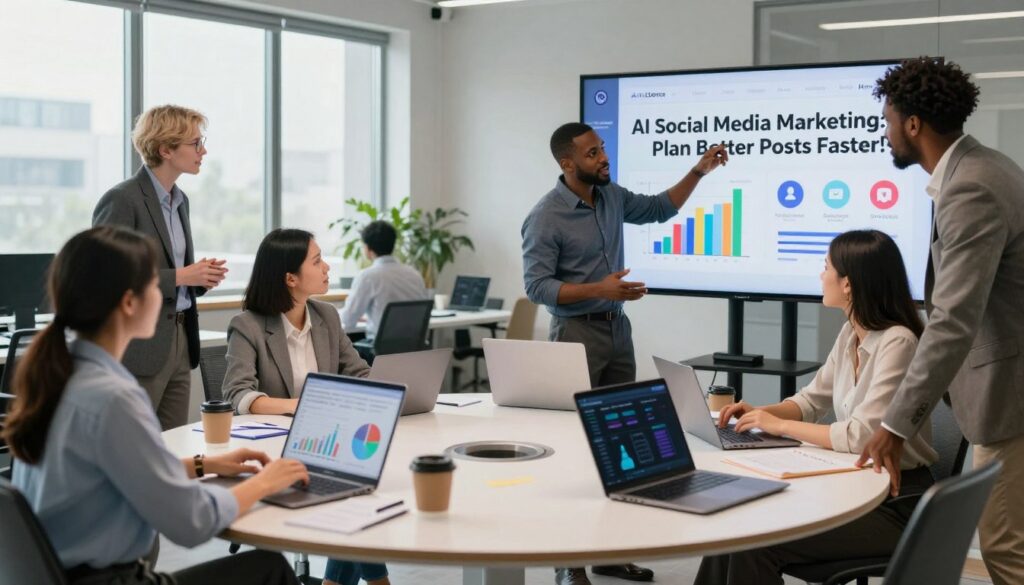 A modern office workspace, bustling with energy, showcasing a diverse group of professionals in business attire collaborating on a digital marketing strategy. In the foreground, a woman of Asian descent is analyzing performance metrics on a laptop, while a Black man gestures enthusiastically, discussing ideas with a Hispanic woman. A large screen displays colorful graphs and social media icons, symbolizing AI-driven insights. In the middle ground, a bright round table with laptops, notepads, and coffee cups creates a casual yet focused atmosphere. The background features a sleek office with large windows allowing natural light to illuminate the scene. The overall mood is dynamic and innovative, with a sense of urgency and creativity, reflecting the theme of "AI Social Media Marketing: Plan Better Posts Faster." The brand name "AI XLence" is subtly integrated into the digital displays.