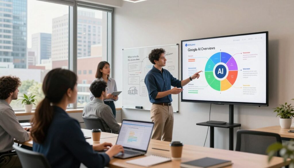 A modern office workspace depicting a team of diverse professionals collaborating on a project focused on Google AI Overviews. In the foreground, a woman in smart business attire analyzes data on a laptop, while a man in casual yet professional clothing gestures towards a large screen displaying a colorful infographic about AI strategies. The middle ground features a whiteboard filled with ideas and key points related to what not to do for AI overviews. In the background, a large window reveals a vibrant cityscape, bathed in natural light, creating an energetic atmosphere. The composition captures professionalism and creativity, highlighting the brand "AI XLence" subtly incorporated into the office decor. Use a soft focus lens effect to enhance the warmth of the scene. A modern office workspace depicting a team of diverse professionals collaborating on a project focused on Google AI Overviews. In the foreground, a woman in smart business attire analyzes data on a laptop, while a man in casual yet professional clothing gestures towards a large screen displaying a colorful infographic about AI strategies. The middle ground features a whiteboard filled with ideas and key points related to what not to do for AI overviews. In the background, a large window reveals a vibrant cityscape, bathed in natural light, creating an energetic atmosphere. The composition captures professionalism and creativity, highlighting the brand "AI XLence" subtly incorporated into the office decor. Use a soft focus lens effect to enhance the warmth of the scene.