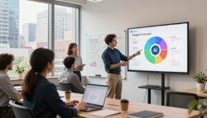 A modern office workspace depicting a team of diverse professionals collaborating on a project focused on Google AI Overviews. In the foreground, a woman in smart business attire analyzes data on a laptop, while a man in casual yet professional clothing gestures towards a large screen displaying a colorful infographic about AI strategies. The middle ground features a whiteboard filled with ideas and key points related to what not to do for AI overviews. In the background, a large window reveals a vibrant cityscape, bathed in natural light, creating an energetic atmosphere. The composition captures professionalism and creativity, highlighting the brand "AI XLence" subtly incorporated into the office decor. Use a soft focus lens effect to enhance the warmth of the scene.