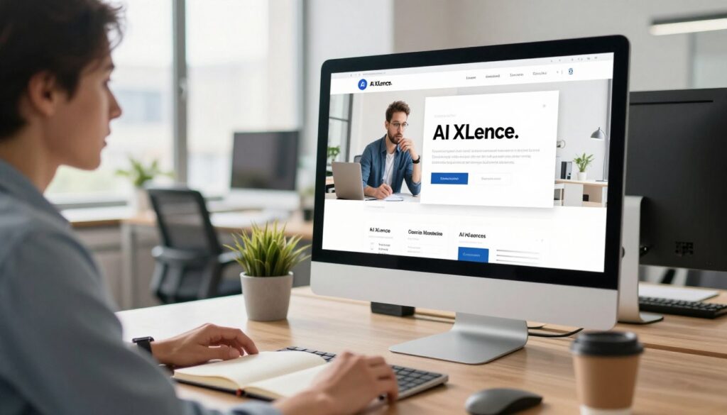 A modern office workspace with a sleek computer desk featuring a high-resolution monitor displaying an attractive, minimalist landing page for "AI XLence." The foreground includes an open notebook and a coffee cup to enhance the work environment. In the middle, showcase a focused business professional in smart casual attire, intently analyzing landing page elements, indicating a deep engagement with copy optimization. The background should show a bright, airy office with large windows, cityscape views, and greenery, emphasizing a productive atmosphere. Soft, natural lighting should flood the scene, creating a warm and inviting mood. The overall composition illustrates a serious yet inspiring approach to landing page copy mistakes, avoiding clutter and confusion in design.