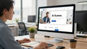 A modern office workspace with a sleek computer desk featuring a high-resolution monitor displaying an attractive, minimalist landing page for "AI XLence." The foreground includes an open notebook and a coffee cup to enhance the work environment. In the middle, showcase a focused business professional in smart casual attire, intently analyzing landing page elements, indicating a deep engagement with copy optimization. The background should show a bright, airy office with large windows, cityscape views, and greenery, emphasizing a productive atmosphere. Soft, natural lighting should flood the scene, creating a warm and inviting mood. The overall composition illustrates a serious yet inspiring approach to landing page copy mistakes, avoiding clutter and confusion in design.