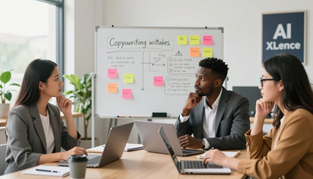 A modern, professional office environment with a focus on small business marketing. In the foreground, a diverse group of three individuals—a woman of Asian descent in a smart casual outfit, a Black man in a tailored suit, and a Hispanic woman with glasses—are engaged in a brainstorming session around a table filled with laptops, notepads, and coffee mugs. Their expressions are thoughtful and focused. In the middle ground, a whiteboard covered with marketing strategies and colorful sticky notes highlights common AI copywriting mistakes. The background features a bright, well-lit workspace with large windows, greenery, and a motivational poster showcasing the brand "AI XLence". Soft natural light enhances the warm atmosphere, making it inviting and professional.