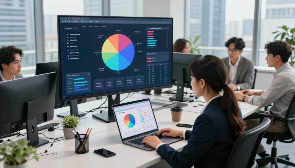 A modern, sleek office environment showcasing a diverse team of professionals engaged in customer segmentation analysis using advanced analytics tools. In the foreground, a focused woman in business attire works on a laptop displaying colorful pie charts and graphs labeled "AI XLence". The middle ground features a large digital screen with segmented customer profiles and data visualizations. The background displays an inspiring cityscape through large windows, with natural light pouring in, creating a bright, collaborative atmosphere. The composition captures a sense of innovation and teamwork, with a slight bird's-eye view to emphasize the technology and strategy behind AI-driven marketing efforts. The overall mood is dynamic and forward-thinking, reflecting the transformative power of AI in marketing.