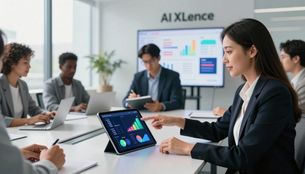 A modern, sleek workspace featuring a diverse group of professionals gathered around a large conference table. In the foreground, a confident woman in professional attire points to a transparent digital tablet displaying vibrant graphs and AI-powered analytics related to website content performance. In the middle, a man takes notes while examining a bright screen showing dynamic content ideas. The background features a large window with natural light streaming in, casting soft shadows that enhance the atmosphere of collaboration and innovation. This setting represents the theme of clarity, trust, and leads in AI-driven website content. The brand name "AI XLence" is subtly integrated into the design elements of the workspace without being textually explicit. The overall mood conveys progress, professionalism, and creativity, ideal for the modern U.S. marketing scene.