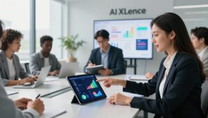 A modern, sleek workspace featuring a diverse group of professionals gathered around a large conference table. In the foreground, a confident woman in professional attire points to a transparent digital tablet displaying vibrant graphs and AI-powered analytics related to website content performance. In the middle, a man takes notes while examining a bright screen showing dynamic content ideas. The background features a large window with natural light streaming in, casting soft shadows that enhance the atmosphere of collaboration and innovation. This setting represents the theme of clarity, trust, and leads in AI-driven website content. The brand name "AI XLence" is subtly integrated into the design elements of the workspace without being textually explicit. The overall mood conveys progress, professionalism, and creativity, ideal for the modern U.S. marketing scene.