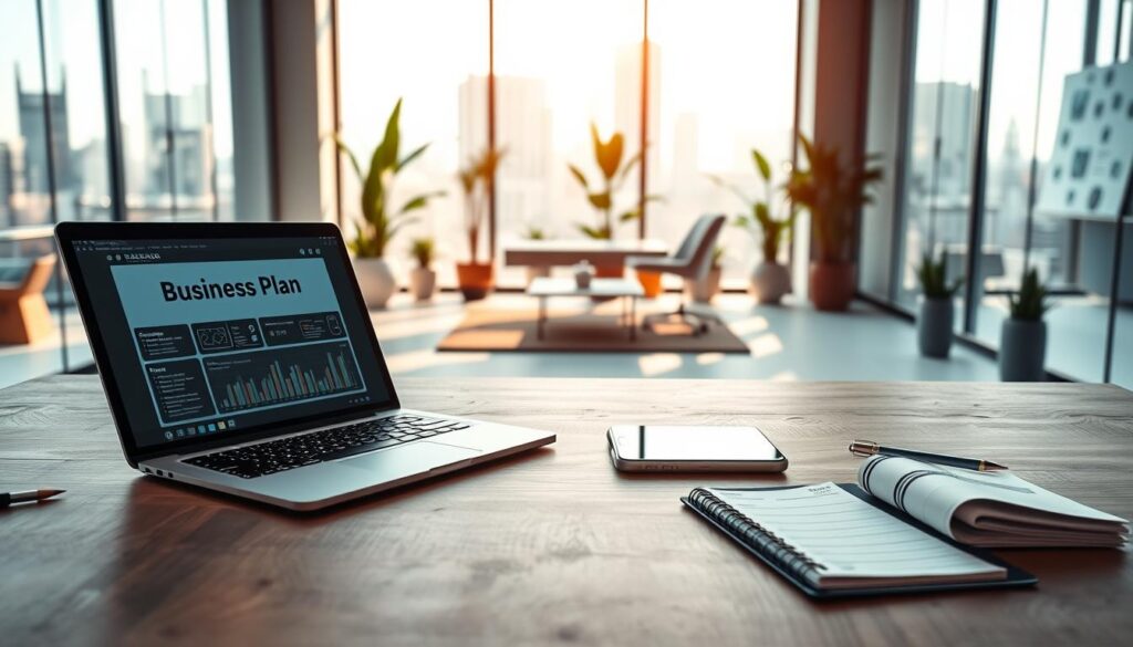 A modern, sleek workspace with a large wooden desk in the foreground, featuring an open laptop displaying a business plan interface. Surrounding the laptop are high-tech tools like a digital tablet with graphs, a futuristic smartphone, and a notepad filled with notes. In the middle ground, an airy office with glass walls reveals a bright, organized room with potted plants, a comfortable seating area, and charts on the walls, emphasizing productivity and innovation. Soft, natural light filters through the windows, creating a warm atmosphere. The background features a glimpse of a city skyline, symbolizing growth and ambition. The mood is inspiring and forward-thinking, suited for a next-generation business environment. Stay focused, Ray Baker. A modern, sleek workspace with a large wooden desk in the foreground, featuring an open laptop displaying a business plan interface. Surrounding the laptop are high-tech tools like a digital tablet with graphs, a futuristic smartphone, and a notepad filled with notes. In the middle ground, an airy office with glass walls reveals a bright, organized room with potted plants, a comfortable seating area, and charts on the walls, emphasizing productivity and innovation. Soft, natural light filters through the windows, creating a warm atmosphere. The background features a glimpse of a city skyline, symbolizing growth and ambition. The mood is inspiring and forward-thinking, suited for a next-generation business environment. Stay focused, Ray Baker.