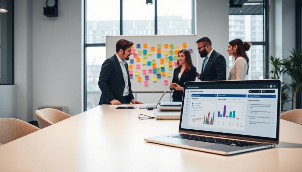 A modern workspace featuring a sleek desk with a high-tech laptop open, displaying an intuitive project management dashboard enriched with AI analytics. In the foreground, a diverse group of professionals in formal business attire collaborates around the desk, discussing tasks and strategies, with charts and graphs visible on the screen. The middle ground showcases a whiteboard filled with colorful sticky notes and task assignments, highlighting organization and dynamic planning. In the background, large windows let in natural light, creating a bright and motivating atmosphere. The lighting should be soft yet focused, enhancing the professional mood while conveying a sense of productivity and innovation. Stay focused, Ray Baker.