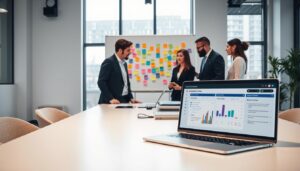 A modern workspace featuring a sleek desk with a high-tech laptop open, displaying an intuitive project management dashboard enriched with AI analytics. In the foreground, a diverse group of professionals in formal business attire collaborates around the desk, discussing tasks and strategies, with charts and graphs visible on the screen. The middle ground showcases a whiteboard filled with colorful sticky notes and task assignments, highlighting organization and dynamic planning. In the background, large windows let in natural light, creating a bright and motivating atmosphere. The lighting should be soft yet focused, enhancing the professional mood while conveying a sense of productivity and innovation. Stay focused, Ray Baker.
