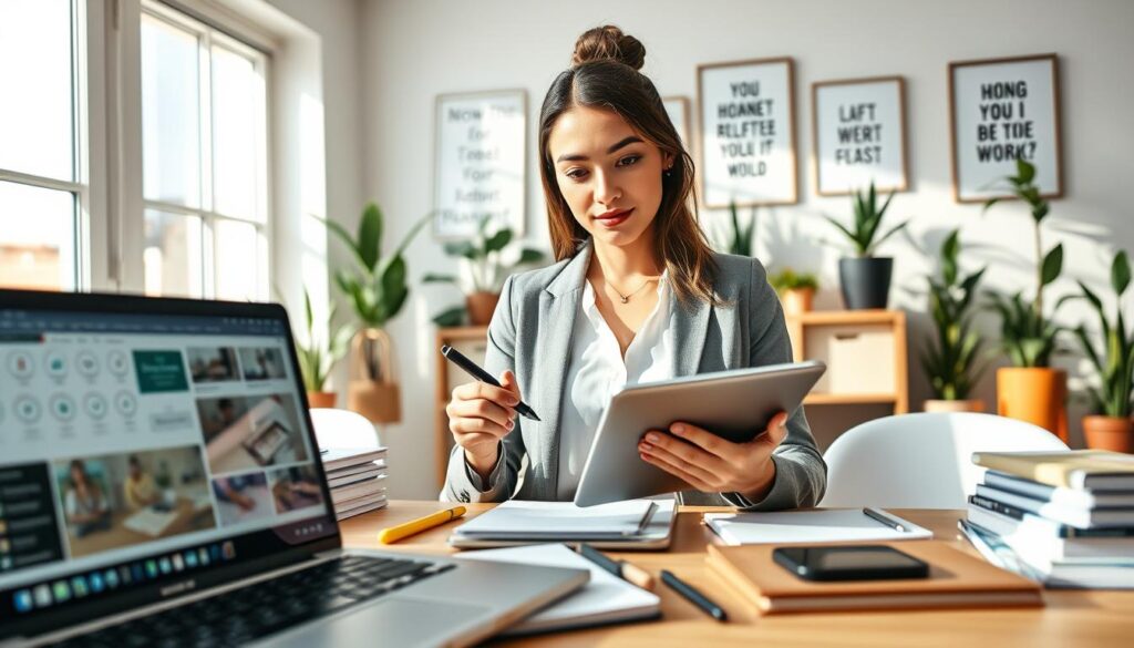 A modern workspace filled with innovative AI tools designed for solopreneurs, portrayed in a bright, inviting atmosphere. In the foreground, a laptop displays productivity software, surrounded by organized notebooks and smart gadgets. The middle ground features a confident solopreneur, a young woman in professional attire, brainstorming with a digital pen on a tablet. She radiates focus and determination, with a thoughtful expression. In the background, a large window lets in natural light, casting soft shadows across the room filled with plants and motivational artwork. The overall mood is inspiring and productive, showcasing an ideal blend of technology and creativity. The angle should be slightly overhead, offering a comprehensive view of the workspace dynamics. Stay focused, Ray Baker.