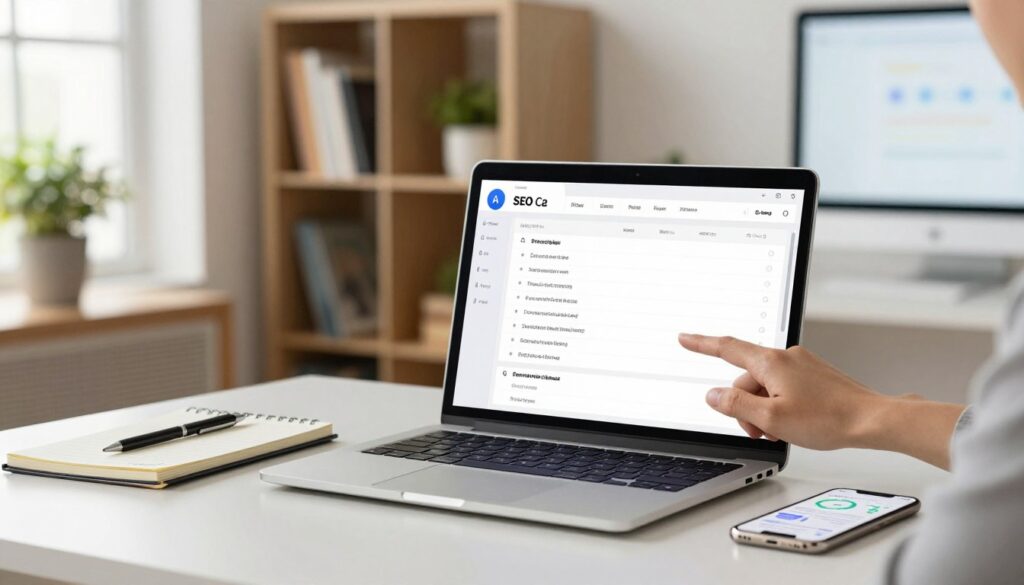 A modern workspace scene featuring a sleek, minimalistic desk with a laptop open to an AI SEO checklist interface. In the foreground, a hand is seen interacting with the screen, showing clear, organized bullet points representing SEO strategies. On the desk are various tools like a notepad, a pen, and a smartphone displaying analytics, conveying a sense of productivity and focus. The middle ground includes a softly blurred bookshelf filled with marketing books and a potted plant, adding warmth and life to the setting. The background features a large window with soft natural light streaming in, enhancing the friendly, professional atmosphere. The brand name “AI XLence” is subtly integrated into the design of the workspace, emphasizing its relevance to AI-driven marketing solutions.