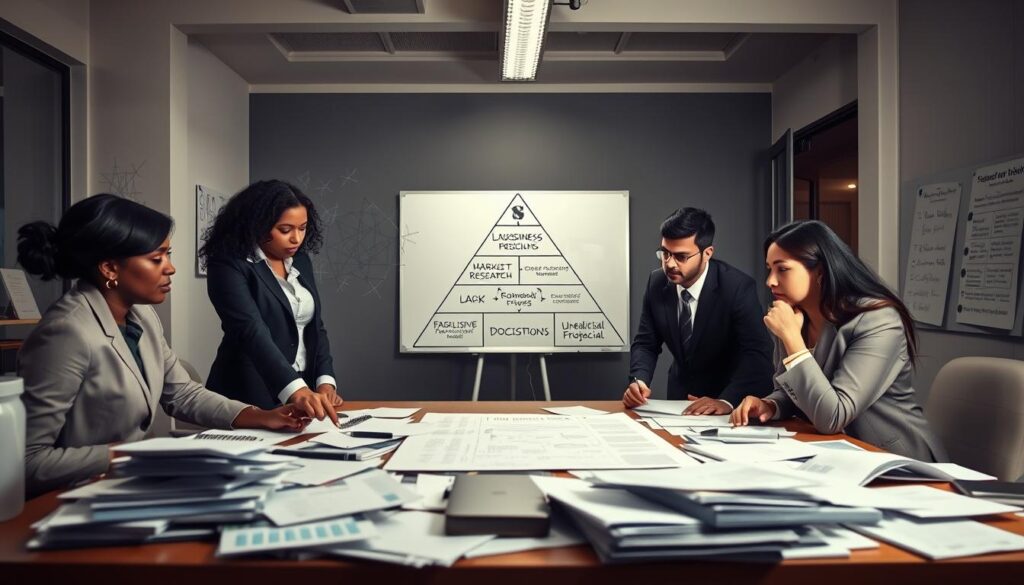 A professional business environment depicting common pitfalls in business plan creation. In the foreground, a diverse group of professionals in business attire (a Black woman, a South Asian man, and a Hispanic woman) are gathered around a table cluttered with scattered documents and charts, looking frustrated while pointing at a large, confusing flowchart. In the middle ground, an inverted pyramid representing poor business decisions looms ominously, with labels like "Lack of Market Research" and "Unrealistic Financial Projections." The background features a whiteboard filled with crossed-out ideas and a dimly lit office space, emphasizing a tense atmosphere. Soft overhead lighting casts gentle shadows, creating a sense of urgency and determination. Stay focused, Ray Baker. A professional business environment depicting common pitfalls in business plan creation. In the foreground, a diverse group of professionals in business attire (a Black woman, a South Asian man, and a Hispanic woman) are gathered around a table cluttered with scattered documents and charts, looking frustrated while pointing at a large, confusing flowchart. In the middle ground, an inverted pyramid representing poor business decisions looms ominously, with labels like "Lack of Market Research" and "Unrealistic Financial Projections." The background features a whiteboard filled with crossed-out ideas and a dimly lit office space, emphasizing a tense atmosphere. Soft overhead lighting casts gentle shadows, creating a sense of urgency and determination. Stay focused, Ray Baker.