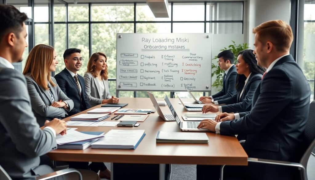 A professional business setting featuring a diverse team in the foreground, dressed in smart business attire, collaborating around a large conference table. On the table are various onboarding materials—checklists, manuals, and a laptop displaying a digital onboarding platform. In the middle ground, a whiteboard filled with common onboarding mistakes like "Poor Communication," "Insufficient Training," and "Lack of Feedback" is visible. The background showcases a modern office space with large windows allowing soft natural light to filter in, creating a welcoming atmosphere. Use a slightly elevated angle to capture the engagement and interaction among team members, emphasizing a mood of problem-solving and teamwork. Stay focused, Ray Baker.