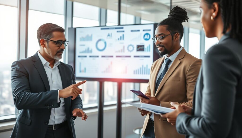 A professional business setting focused on a collaborative team discussing an AI adoption strategy. In the foreground, two diverse professionals in smart attire, one pointing at a digital tablet showing AI analytics, while the other takes notes on a notepad. The middle ground features a large screen displaying AI-related graphs and infographics, with a mix of technological icons subtly integrated into the visuals. In the background, glass windows reveal a city skyline, indicating a modern corporate environment. Soft, natural lighting filters through the windows, creating a motivating and optimistic atmosphere. The composition emphasizes teamwork and innovation as they navigate the complexities of implementing AI strategically. Stay focused, Ray Baker. A professional business setting focused on a collaborative team discussing an AI adoption strategy. In the foreground, two diverse professionals in smart attire, one pointing at a digital tablet showing AI analytics, while the other takes notes on a notepad. The middle ground features a large screen displaying AI-related graphs and infographics, with a mix of technological icons subtly integrated into the visuals. In the background, glass windows reveal a city skyline, indicating a modern corporate environment. Soft, natural lighting filters through the windows, creating a motivating and optimistic atmosphere. The composition emphasizes teamwork and innovation as they navigate the complexities of implementing AI strategically. Stay focused, Ray Baker.