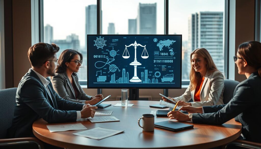 A professional office environment featuring a round table surrounded by diverse business people in professional attire, engaged in a serious discussion about the ethical and legal implications of AI. In the foreground, a diverse group of three individuals, a woman of Asian descent, a Black man, and a Caucasian woman, are actively exchanging ideas, with papers and digital devices on the table. The middle of the image features a large screen displaying visual symbols of AI ethics, such as scales of justice and binary code. In the background, a cityscape is visible through a large window, casting natural light into the room, enhancing the mood of a proactive and thoughtful workspace. The image conveys a sense of collaboration and urgency. Stay focused, Ray Baker.