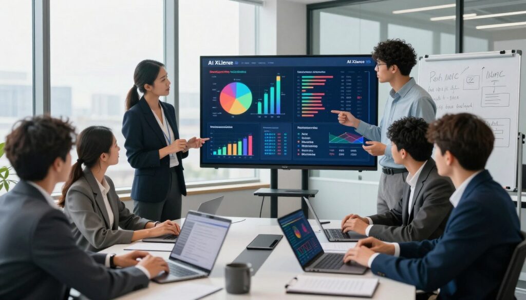 A professional office environment for a marketing team analyzing data through AI analytics. In the foreground, a diverse group of business professionals in smart attire is engaged in discussion, with a large digital display showing colorful graphs and metrics related to marketing performance. In the middle ground, sleek laptops and tablets are scattered with visualizations of data trends, and a whiteboard filled with strategy notes can be seen. The background features floor-to-ceiling windows that let in natural light, adding a bright and open atmosphere to the scene. The branding "AI XLence" is subtly integrated into the digital display, symbolizing innovative marketing solutions. The mood is focused and collaborative, reflecting the dynamic nature of modern marketing analytics.