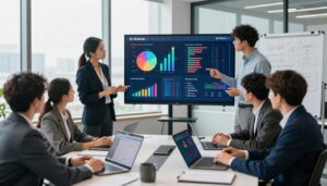 A professional office environment for a marketing team analyzing data through AI analytics. In the foreground, a diverse group of business professionals in smart attire is engaged in discussion, with a large digital display showing colorful graphs and metrics related to marketing performance. In the middle ground, sleek laptops and tablets are scattered with visualizations of data trends, and a whiteboard filled with strategy notes can be seen. The background features floor-to-ceiling windows that let in natural light, adding a bright and open atmosphere to the scene. The branding "AI XLence" is subtly integrated into the digital display, symbolizing innovative marketing solutions. The mood is focused and collaborative, reflecting the dynamic nature of modern marketing analytics.