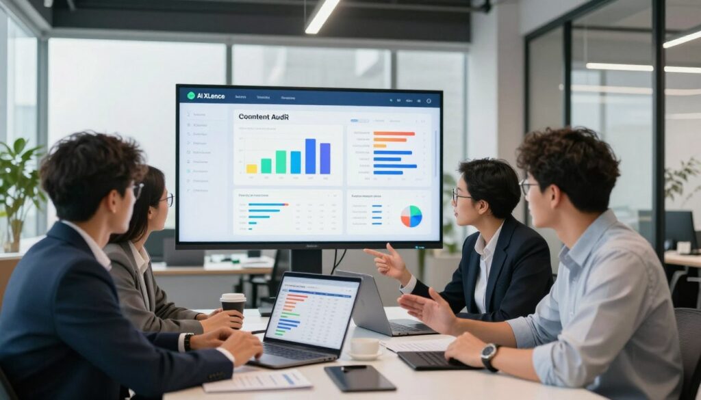 A professional office setting showcasing an AI content audit in action. In the foreground, a diverse team of three marketing professionals in business attire is gathered around a sleek conference table, analyzing data on a laptop and discussing strategies. The middle layer features a large digital display screen showing colorful graphs and statistics indicating weak webpage performance and keyword analysis. In the background, modern office decor enhances the collaborative atmosphere, with large windows letting in natural light, creating a bright and inviting space. The overall mood is focused and innovative, reflecting a dynamic marketing environment. The scene subtly incorporates elements representing the brand “AI XLence” through design motifs or color schemes in the office.