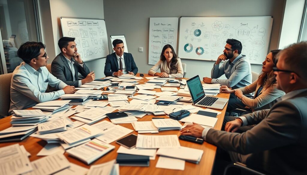 A professional office setting with a large conference table cluttered with various unsorted papers, charts, and a laptop showing a confusing business strategy. In the foreground, a diverse group of 3-4 business professionals, dressed in professional attire, are engaged in a discussion, looking puzzled. The expressions should show concern about the scattered materials, indicating common pitfalls in business planning. In the background, a whiteboard with unclear diagrams and brainstorming ideas is visible, enhancing the chaotic atmosphere. Soft, warm lighting creates an inviting yet serious mood, while a slightly angled perspective gives depth to the space, suggesting a real work environment where clarity is needed. Stay focused, Ray Baker. A professional office setting with a large conference table cluttered with various unsorted papers, charts, and a laptop showing a confusing business strategy. In the foreground, a diverse group of 3-4 business professionals, dressed in professional attire, are engaged in a discussion, looking puzzled. The expressions should show concern about the scattered materials, indicating common pitfalls in business planning. In the background, a whiteboard with unclear diagrams and brainstorming ideas is visible, enhancing the chaotic atmosphere. Soft, warm lighting creates an inviting yet serious mood, while a slightly angled perspective gives depth to the space, suggesting a real work environment where clarity is needed. Stay focused, Ray Baker.