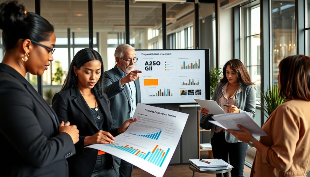 A professional setting showcasing a team of diverse individuals engaged in a collaborative proposal enhancement session. In the foreground, a confident businesswoman of Asian descent reviews a document with colorful graphs, alongside an attentive businessman of African descent taking notes on a tablet. In the middle ground, a white male colleague points to a large screen displaying key proposal metrics and visuals, while another employee, a Hispanic woman, organizes printed documents. The background features a modern office environment with glass walls, warm lighting, and potted plants, creating an inviting atmosphere. Use natural light streaming from large windows to emphasize the constructive mood of teamwork and innovation. Capture the scene from a slightly elevated angle, focusing on the interaction and engagement among the team members. Stay focused, Ray Baker.