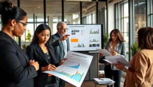 A professional setting showcasing a team of diverse individuals engaged in a collaborative proposal enhancement session. In the foreground, a confident businesswoman of Asian descent reviews a document with colorful graphs, alongside an attentive businessman of African descent taking notes on a tablet. In the middle ground, a white male colleague points to a large screen displaying key proposal metrics and visuals, while another employee, a Hispanic woman, organizes printed documents. The background features a modern office environment with glass walls, warm lighting, and potted plants, creating an inviting atmosphere. Use natural light streaming from large windows to emphasize the constructive mood of teamwork and innovation. Capture the scene from a slightly elevated angle, focusing on the interaction and engagement among the team members. Stay focused, Ray Baker.