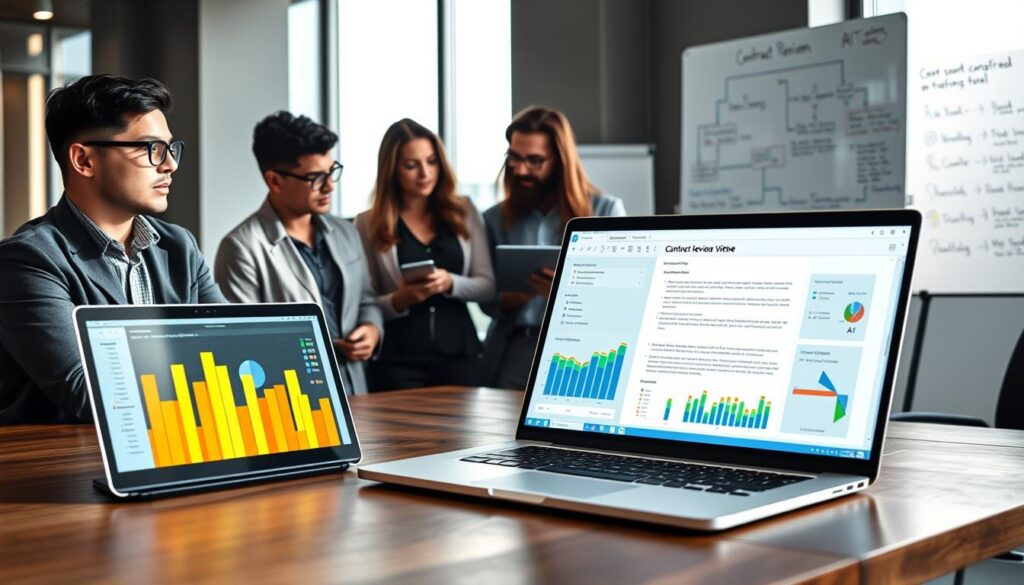 A sleek, modern office environment, featuring a large wooden desk with a laptop displaying a contract review software interface. In the foreground, there are vibrant charts and graphs, symbolizing data analysis. In the middle, a diverse group of business professionals—one wearing glasses, another with a tablet—are intently discussing the software features, dressed in smart casual attire. The atmosphere is collaborative and focused, with soft, natural lighting filtering through large windows, casting gentle shadows. In the background, a whiteboard filled with flowcharts and notes about AI features, enhancing the theme of cutting-edge technology. The overall mood conveys professionalism and innovation in the realm of contract management. Stay focused, Ray Baker. A sleek, modern office environment, featuring a large wooden desk with a laptop displaying a contract review software interface. In the foreground, there are vibrant charts and graphs, symbolizing data analysis. In the middle, a diverse group of business professionals—one wearing glasses, another with a tablet—are intently discussing the software features, dressed in smart casual attire. The atmosphere is collaborative and focused, with soft, natural lighting filtering through large windows, casting gentle shadows. In the background, a whiteboard filled with flowcharts and notes about AI features, enhancing the theme of cutting-edge technology. The overall mood conveys professionalism and innovation in the realm of contract management. Stay focused, Ray Baker.