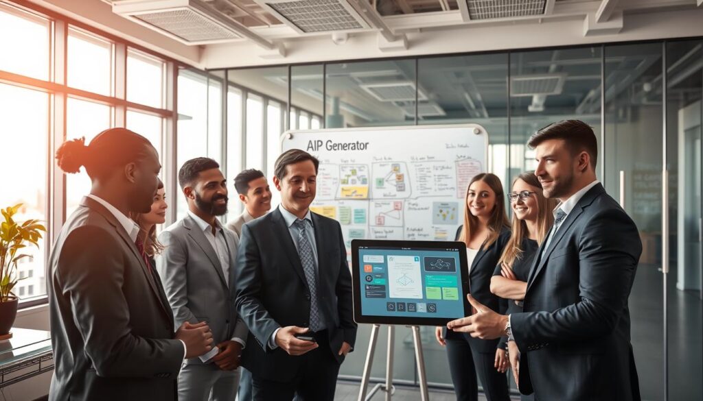 A sleek, modern office environment filled with technology and creativity. In the foreground, a diverse group of professionals in smart business attire collaborates around a digital tablet displaying a dynamic AI SOP generator interface. The middle ground features a whiteboard covered with colorful flowcharts and notes outlining process documentation. In the background, large windows let in bright, natural light, reflecting off a glass wall filled with inspirational quotes. The atmosphere is focused and innovative, conveying a sense of teamwork and efficiency. Soft, diffused lighting enhances the professionalism of the scene, capturing the essence of transforming daily tasks into clear systems through AI. The lens focuses on the group, creating depth and drawing attention to their engagement. Stay focused, Ray Baker. A sleek, modern office environment filled with technology and creativity. In the foreground, a diverse group of professionals in smart business attire collaborates around a digital tablet displaying a dynamic AI SOP generator interface. The middle ground features a whiteboard covered with colorful flowcharts and notes outlining process documentation. In the background, large windows let in bright, natural light, reflecting off a glass wall filled with inspirational quotes. The atmosphere is focused and innovative, conveying a sense of teamwork and efficiency. Soft, diffused lighting enhances the professionalism of the scene, capturing the essence of transforming daily tasks into clear systems through AI. The lens focuses on the group, creating depth and drawing attention to their engagement. Stay focused, Ray Baker.