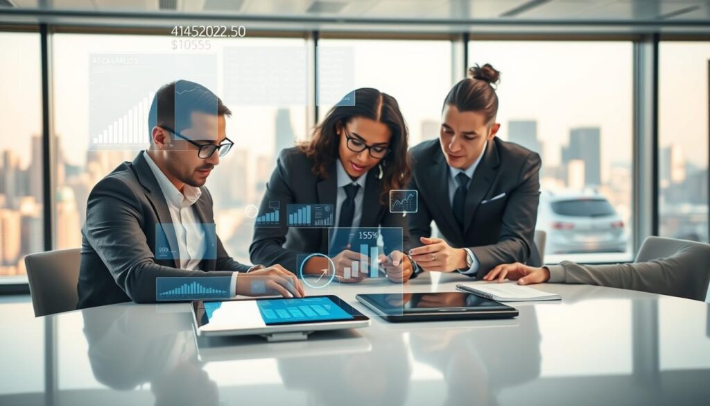 A sleek, modern office environment showcases an AI bookkeeping assistant at work. In the foreground, a diverse team of three professionals, dressed in smart business attire, collaborates around a digital tablet displaying financial graphs. In the middle ground, futuristic holographic displays of spreadsheets and numbers float above the table, emphasizing the high-tech nature of the assistant. The background features a panoramic window with a city skyline, illuminated by warm, natural light, conveying a productive and sophisticated atmosphere. The scene is captured with a shallow depth of field, focusing tightly on the team while softly blurring the background. Overall, the mood is one of innovation, teamwork, and efficiency. Stay focused, Ray Baker.