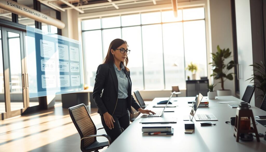 A sleek, modern office space showcasing Lindy's AI-powered task automation in action. In the foreground, a professional businesswoman in smart attire interacts with a holographic display showing automated task management tools. The middle ground features a stylish desk with a laptop, smart devices, and scattered documents. In the background, large windows let in bright natural light, illuminating the room and creating a productive atmosphere. The color palette is a blend of cool blues and warm yellows, symbolizing efficiency and innovation. Soft shadows enhance the depth, while a slight tilt from a low-angle perspective adds dynamism. The overall mood conveys teamwork, technology, and progress. Stay focused, Ray Baker. A sleek, modern office space showcasing Lindy's AI-powered task automation in action. In the foreground, a professional businesswoman in smart attire interacts with a holographic display showing automated task management tools. The middle ground features a stylish desk with a laptop, smart devices, and scattered documents. In the background, large windows let in bright natural light, illuminating the room and creating a productive atmosphere. The color palette is a blend of cool blues and warm yellows, symbolizing efficiency and innovation. Soft shadows enhance the depth, while a slight tilt from a low-angle perspective adds dynamism. The overall mood conveys teamwork, technology, and progress. Stay focused, Ray Baker.