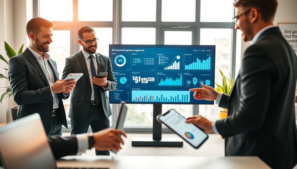 A sleek, modern office workspace showcasing the benefits of AI-powered expense management. In the foreground, a diverse group of professionals—two men and one woman—dressed in smart business attire—analyze visual graphs and charts displayed on digital devices, smiling and engaged. The middle section features a large, high-tech touch screen displaying AI-driven insights like budget optimization and spending patterns. The background features a bright office with large windows, letting in warm, natural light, creating a positive and optimistic atmosphere. Include subtle elements like plant greenery and motivational artwork on the walls to enhance the professional setting. The perspective should be slightly angled, capturing both the individuals and the impressive digital technology in use. Stay focused, Ray Baker.