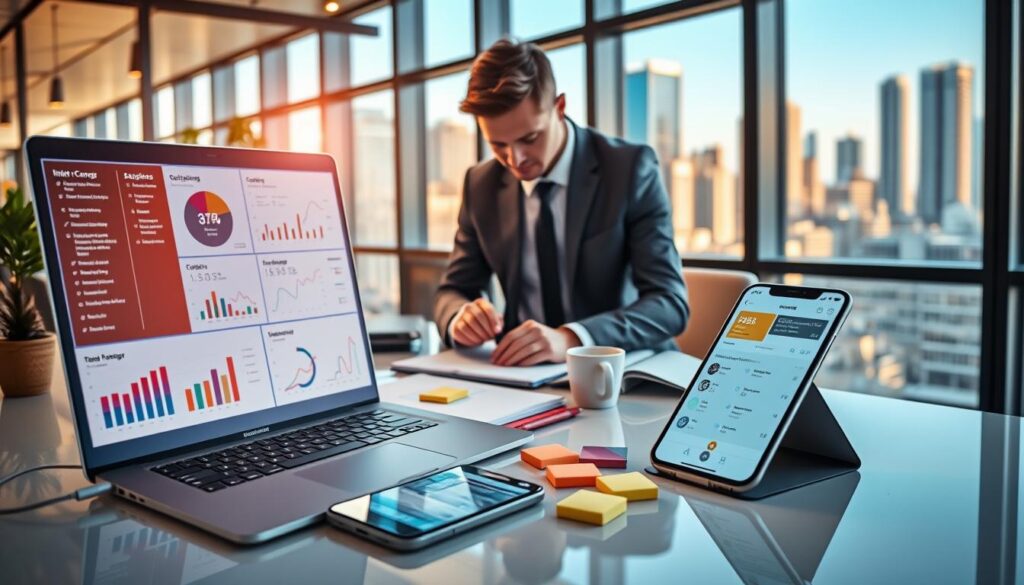 A sleek, modern workspace filled with a variety of AI time management tools. In the foreground, feature a high-tech laptop displaying a colorful digital dashboard with graphs, analytics, and scheduling features. Beside it, a smartphone shows a task management app interface. In the middle ground, a professional individual in business attire is strategically organizing notes on a desk covered with a planner, sticky notes, and a coffee cup. In the background, large windows let in natural light, casting a warm glow and revealing a vibrant cityscape outside. The mood is focused and productive, emphasizing innovation and efficiency. Stay focused, Ray Baker.