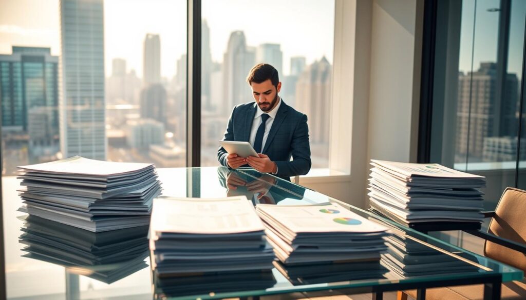 A sleek office environment with a modern, transparent glass desk at the forefront showcasing stacks of neatly organized financial reports and digital devices displaying automated expense tracking software. In the middle ground, a professional individual in business attire analyzes data on a tablet, their expression focused and determined. The background features a large, bright window overlooking a city skyline, allowing natural light to flood the room, creating a warm and professional atmosphere. Soft shadows accentuate the scene, while the overall color palette is a blend of cool blues and warm neutrals, emphasizing a sense of productivity and efficiency. The image captures the essence of optimizing financial reporting through advanced technology and automated data management. Stay focused, Ray Baker.