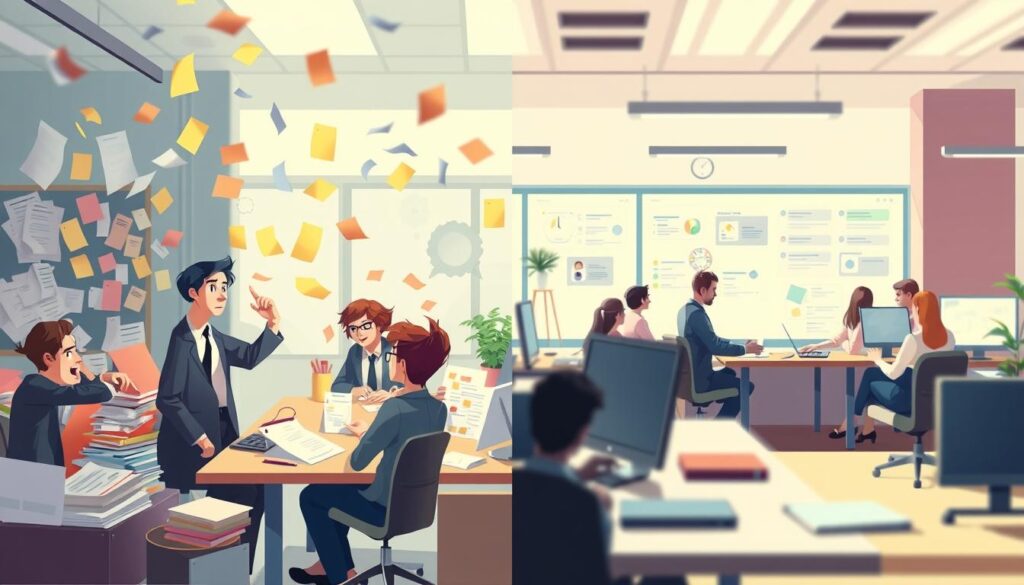 A split-screen illustration depicting common mistakes in task management. On the left, a chaotic office scene featuring a stressed small team of professionals in business attire, overwhelmed by sticky notes, unorganized documents, and disheveled workstations. They look confused and frustrated. On the right, an orderly workspace showing a focused small team efficiently engaging with a digital task management interface, collaborating smoothly, and prioritizing tasks with clarity. Bright, natural lighting illuminates both sides clearly, using a slight blur effect on the chaotic side to emphasize confusion versus clarity on the organized side. The overall mood transitions from chaos to calm to effectively convey the contrast of mistakes in task management. Stay focused, Ray Baker. A split-screen illustration depicting common mistakes in task management. On the left, a chaotic office scene featuring a stressed small team of professionals in business attire, overwhelmed by sticky notes, unorganized documents, and disheveled workstations. They look confused and frustrated. On the right, an orderly workspace showing a focused small team efficiently engaging with a digital task management interface, collaborating smoothly, and prioritizing tasks with clarity. Bright, natural lighting illuminates both sides clearly, using a slight blur effect on the chaotic side to emphasize confusion versus clarity on the organized side. The overall mood transitions from chaos to calm to effectively convey the contrast of mistakes in task management. Stay focused, Ray Baker.