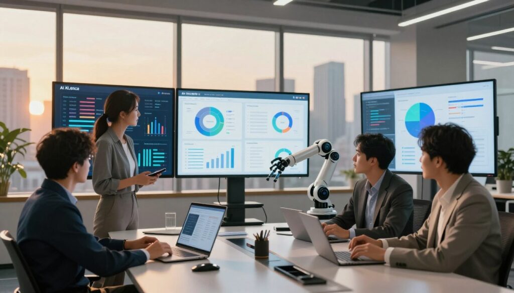 A vibrant, futuristic office filled with professionals collaborating on a marketing strategy. In the foreground, a diverse group of three businesspeople are engaged in a dynamic discussion around a sleek conference table with digital devices and charts displayed. The middle section showcases large screens projecting data analytics and marketing insights, labeled with the brand name "AI XLence", while a robotic arm subtly interacts with digital tools. In the background, floor-to-ceiling windows reveal a city skyline bathed in warm, golden light, creating an inspiring atmosphere. The image should capture a sense of innovation and efficiency, emphasizing the impact of AI in marketing automation. Use soft, diffused lighting to enhance the professional mood and highlight the collaborative spirit.