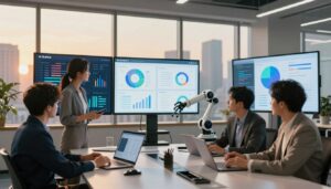 A vibrant, futuristic office filled with professionals collaborating on a marketing strategy. In the foreground, a diverse group of three businesspeople are engaged in a dynamic discussion around a sleek conference table with digital devices and charts displayed. The middle section showcases large screens projecting data analytics and marketing insights, labeled with the brand name "AI XLence", while a robotic arm subtly interacts with digital tools. In the background, floor-to-ceiling windows reveal a city skyline bathed in warm, golden light, creating an inspiring atmosphere. The image should capture a sense of innovation and efficiency, emphasizing the impact of AI in marketing automation. Use soft, diffused lighting to enhance the professional mood and highlight the collaborative spirit.